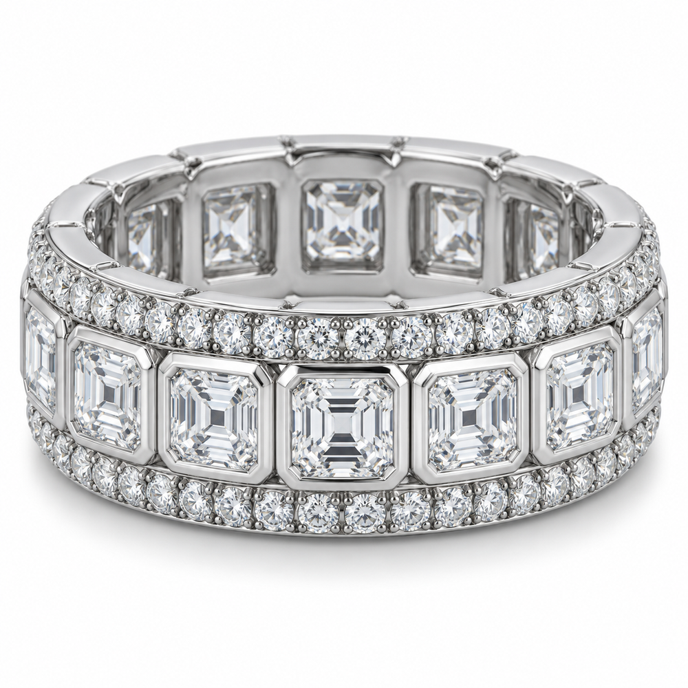 Men’s Asscher Bezel Lab Diamond Eternity Band — 5 CTW in 14K white gold — illustrative design rendering