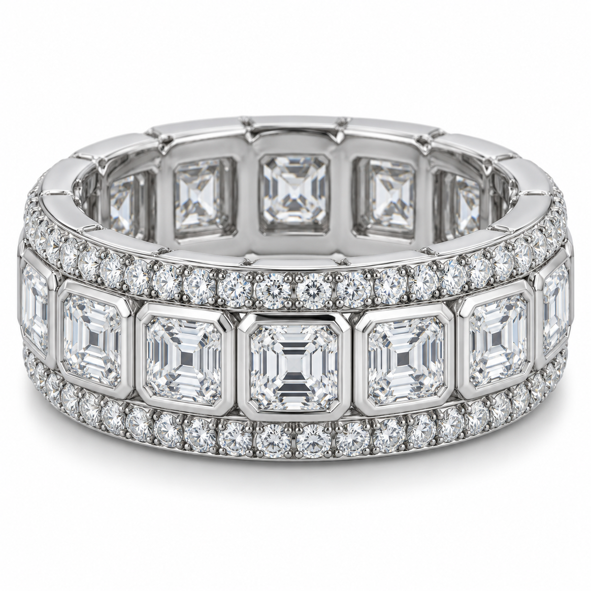 Men’s Asscher Bezel Lab Diamond Eternity Band — 5 CTW in 14K white gold — illustrative design rendering