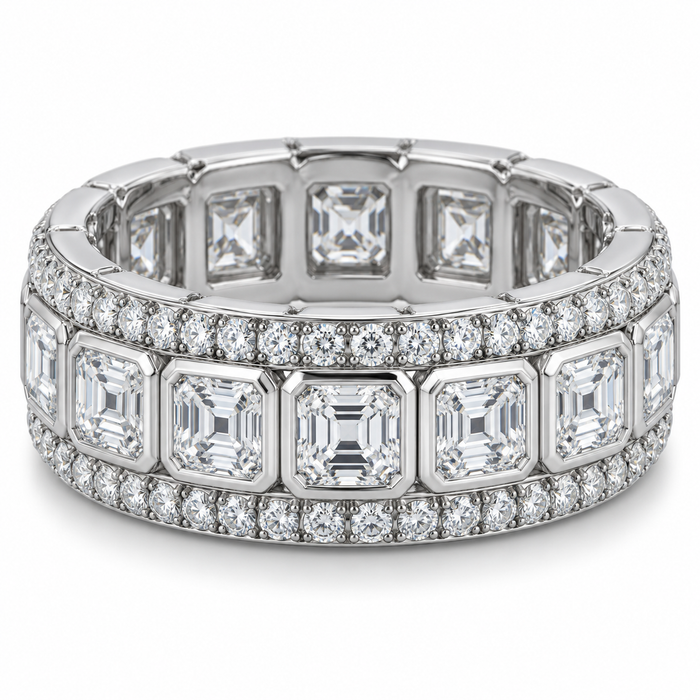 Men’s Asscher Bezel Lab Diamond Eternity Band — 5 CTW in 14K white gold — illustrative design rendering