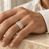 Men’s Asscher Bezel Lab Diamond Eternity Band — 5 CTW — 14K Yellow Gold worn view — illustrative design rendering