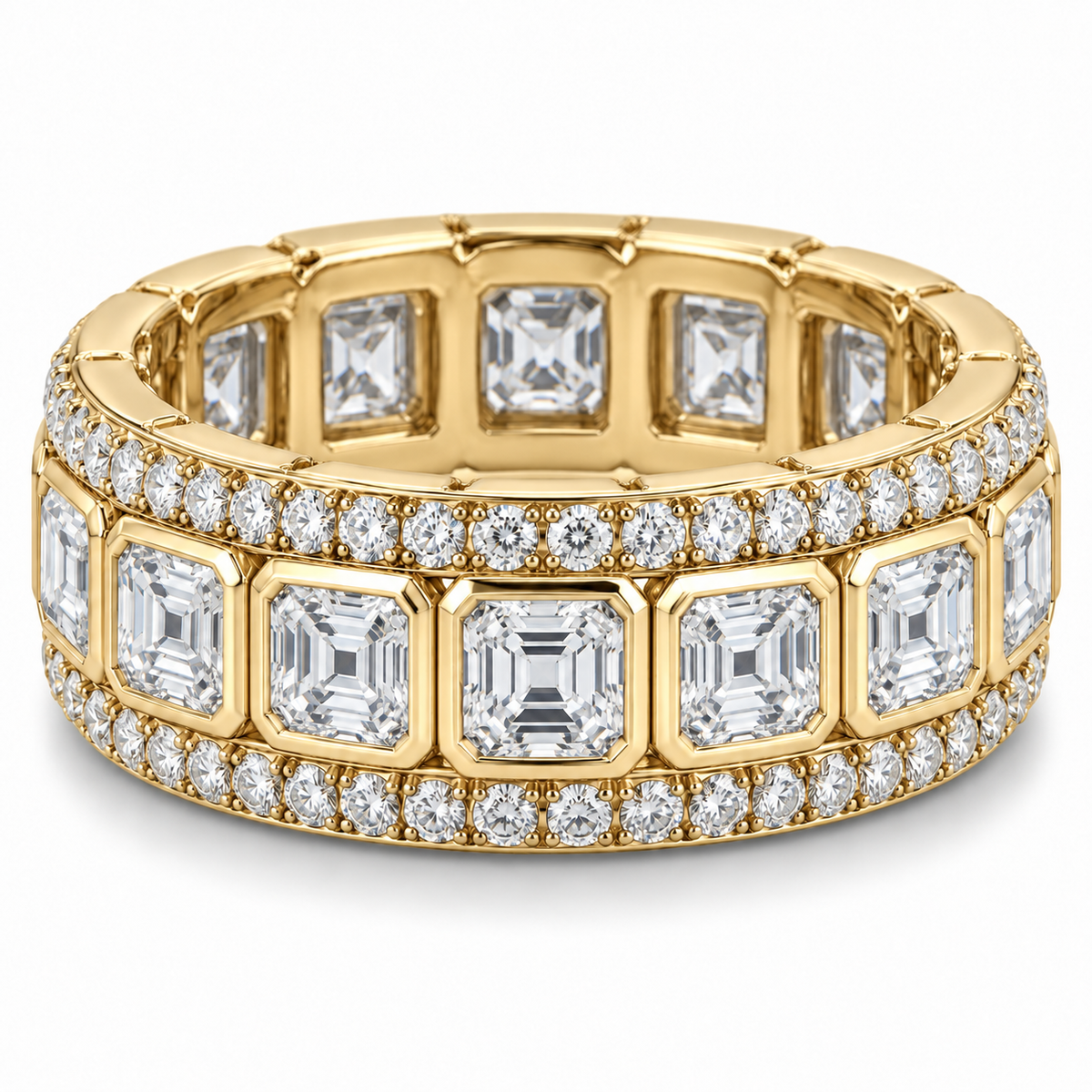 Men’s Asscher Bezel Lab Diamond Eternity Band — 5 CTW in 14K Yellow Gold — original product render