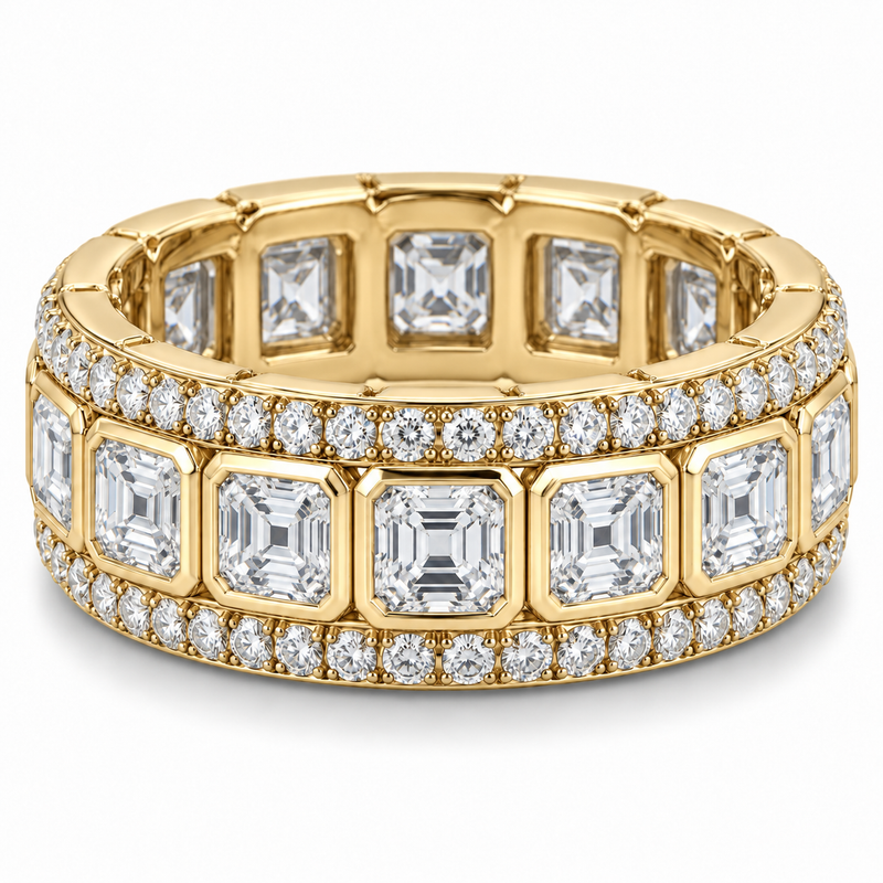 Men’s Asscher Bezel Lab Diamond Eternity Band — 5 CTW in 14K Yellow Gold — original product render