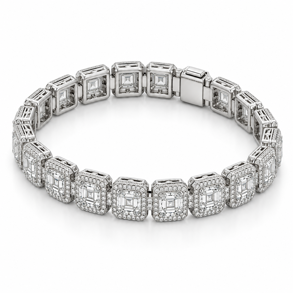 Men’s Asscher Halo Link Lab Diamond Bracelet — 12.84 CTW — 14K White Gold alternate angle — illustrative design rendering