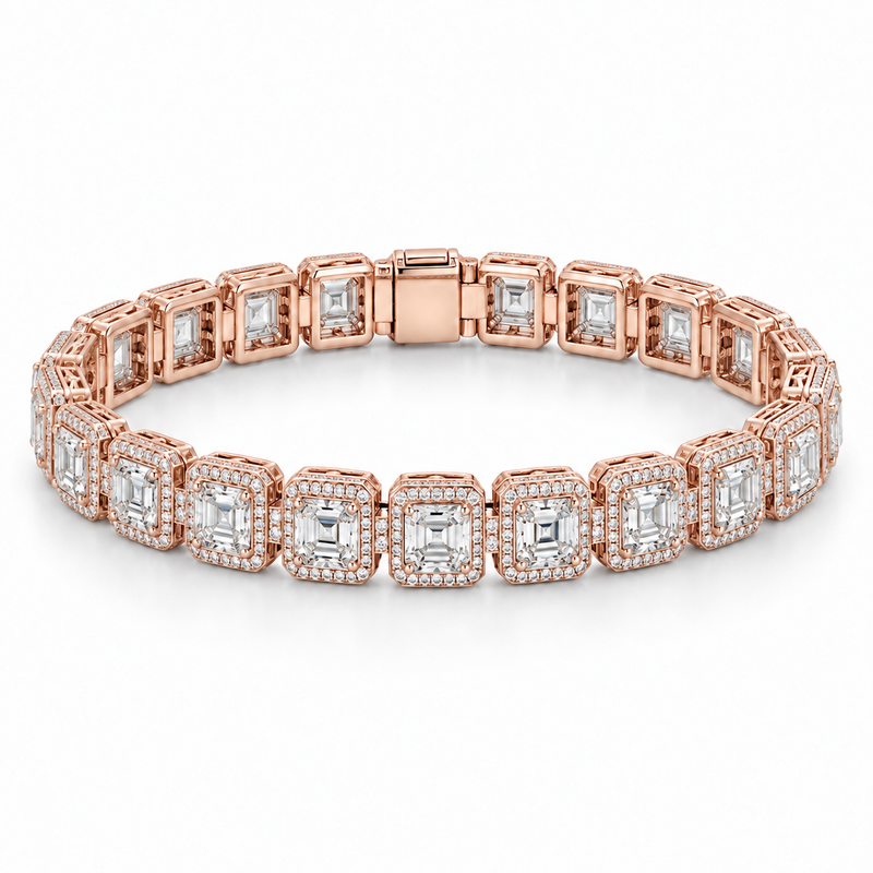 Men’s Asscher Halo Link Lab Diamond Bracelet — 12.84 CTW in 14K Rose Gold — original product render