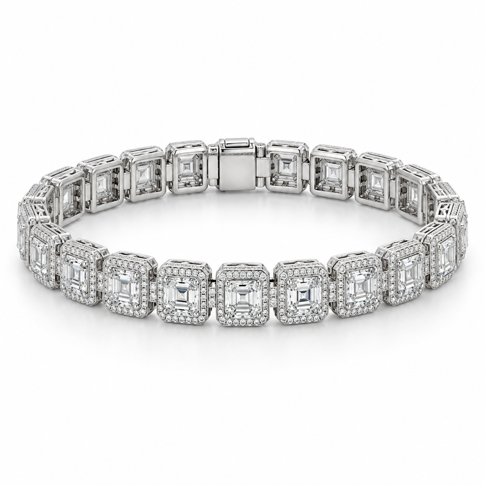 Men’s Asscher Halo Link Lab Diamond Bracelet — 12.84 CTW in 14K white gold — illustrative design rendering