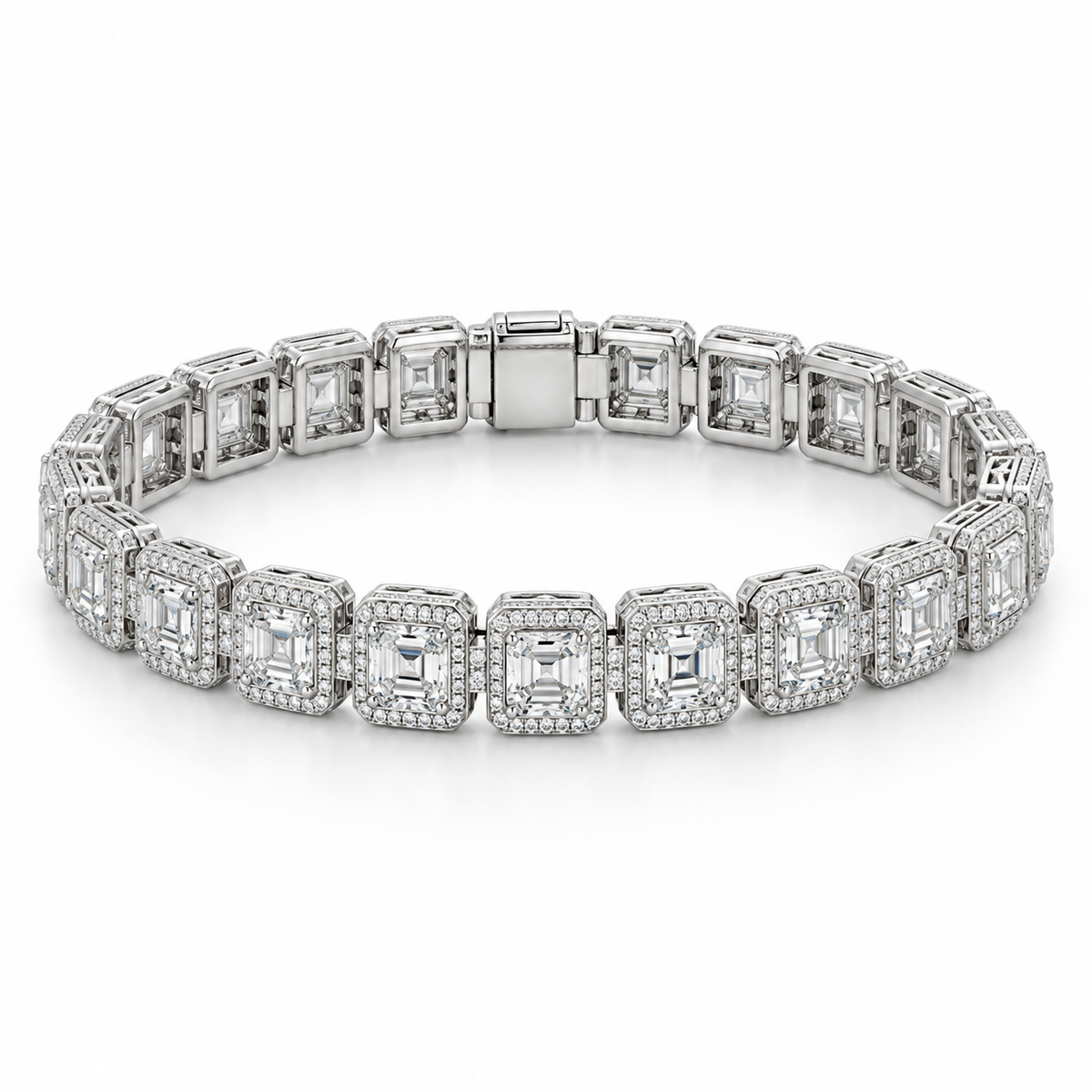 Men’s Asscher Halo Link Lab Diamond Bracelet — 12.84 CTW in 14K white gold — illustrative design rendering