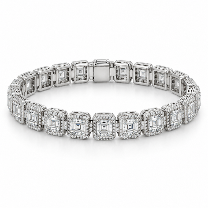 Men’s Asscher Halo Link Lab Diamond Bracelet — 12.84 CTW in 14K white gold — illustrative design rendering