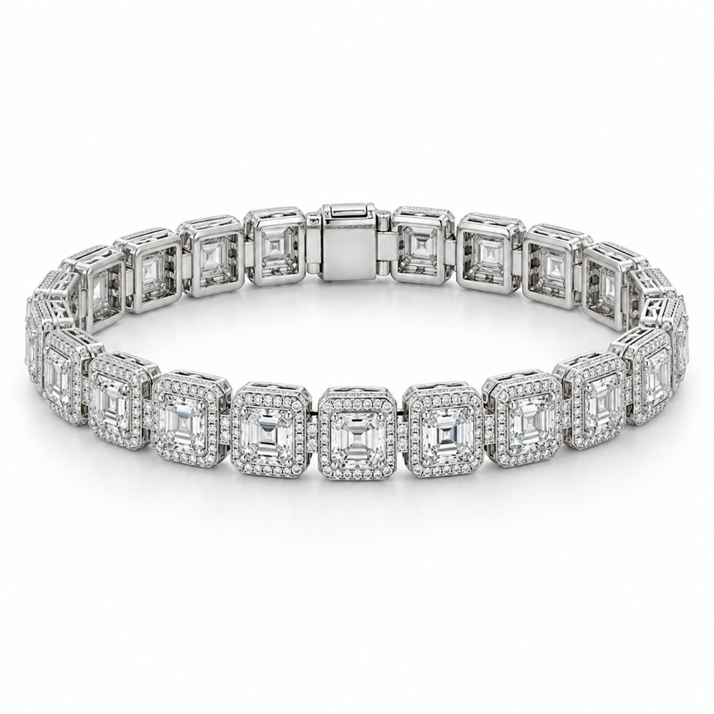Men’s Asscher Halo Link Lab Diamond Bracelet — 12.84 CTW in 14K white gold — illustrative design rendering