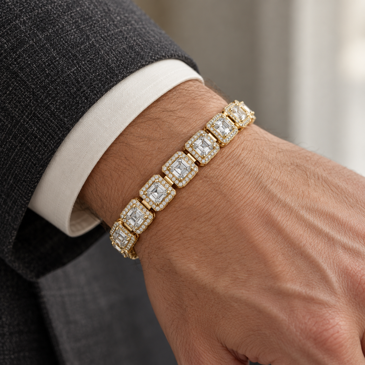 Men’s Asscher Halo Link Lab Diamond Bracelet — 12.84 CTW — 14K Yellow Gold worn view — illustrative design rendering