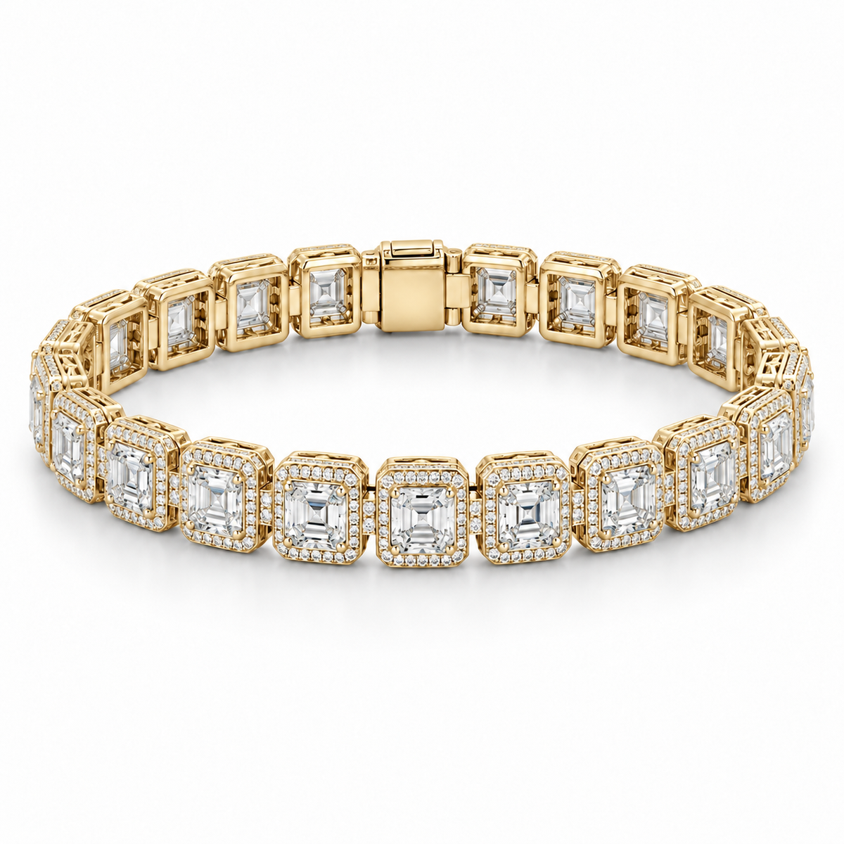 Men’s Asscher Halo Link Lab Diamond Bracelet — 12.84 CTW in 14K Yellow Gold — original product render