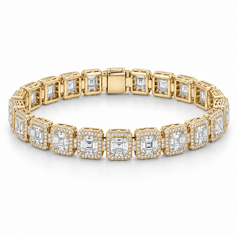 Men’s Asscher Halo Link Lab Diamond Bracelet — 12.84 CTW in 14K Yellow Gold — original product render