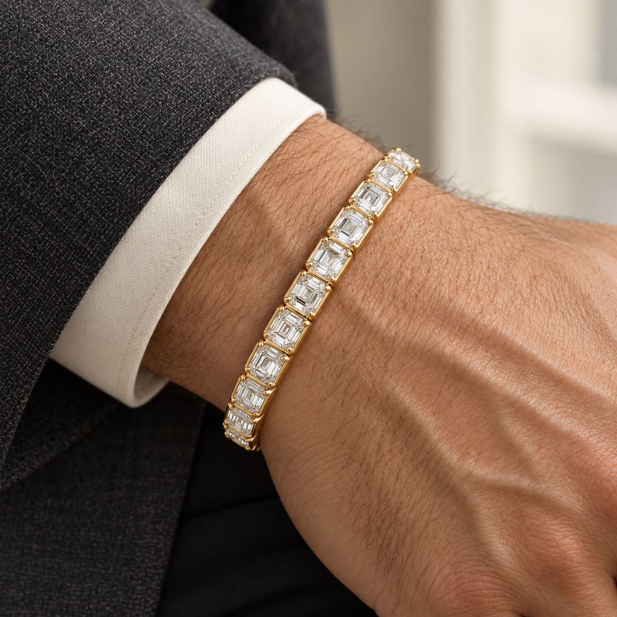 Men’s Asscher Lab Diamond Bangle — 10.75 CTW — 14K Yellow Gold worn view — illustrative design rendering