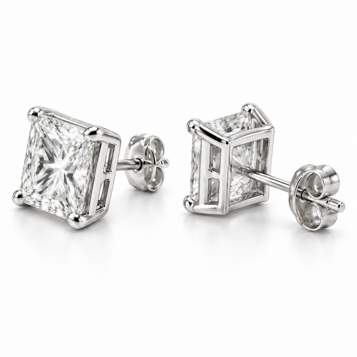 Men’s Princess Cut Lab Diamond Studs — 6 CTW Pair — 14K White Gold alternate angle — illustrative design rendering