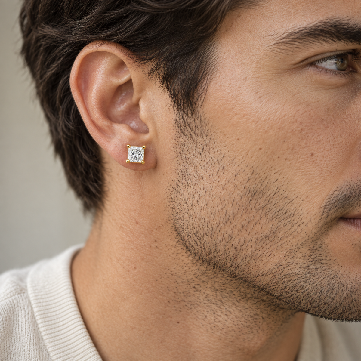 Men’s Princess Cut Lab Diamond Studs — 6 CTW Pair — 14K Yellow Gold worn view — illustrative design rendering