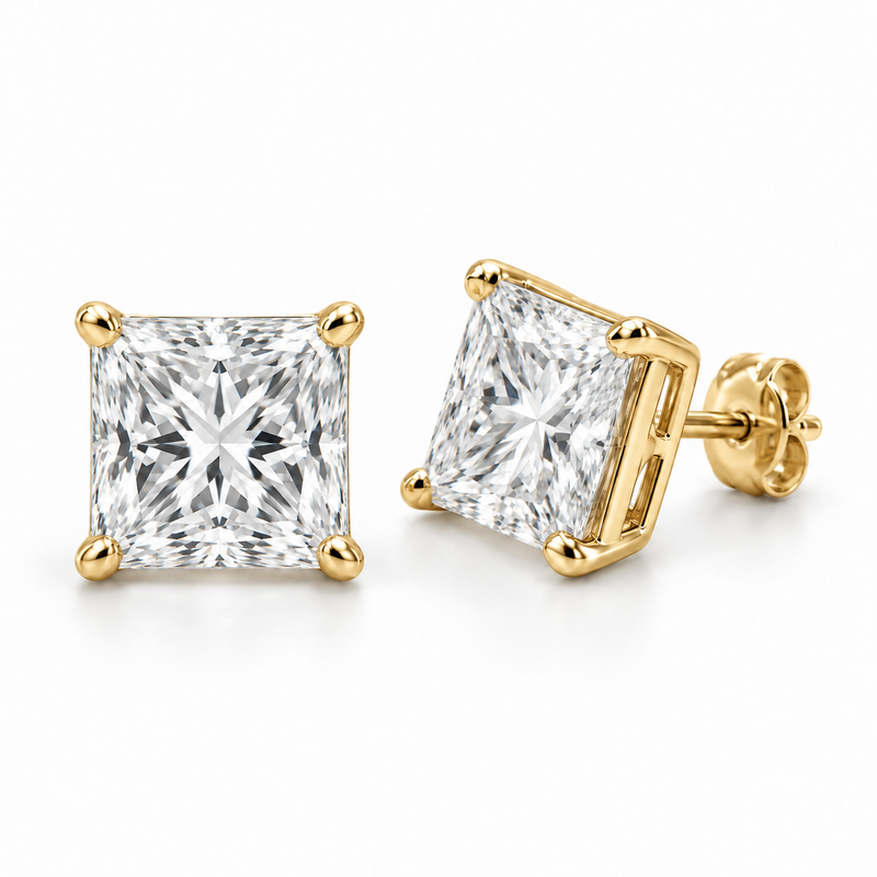 Men’s Princess Cut Lab Diamond Studs — 6 CTW Pair in 14K Yellow Gold — original product render