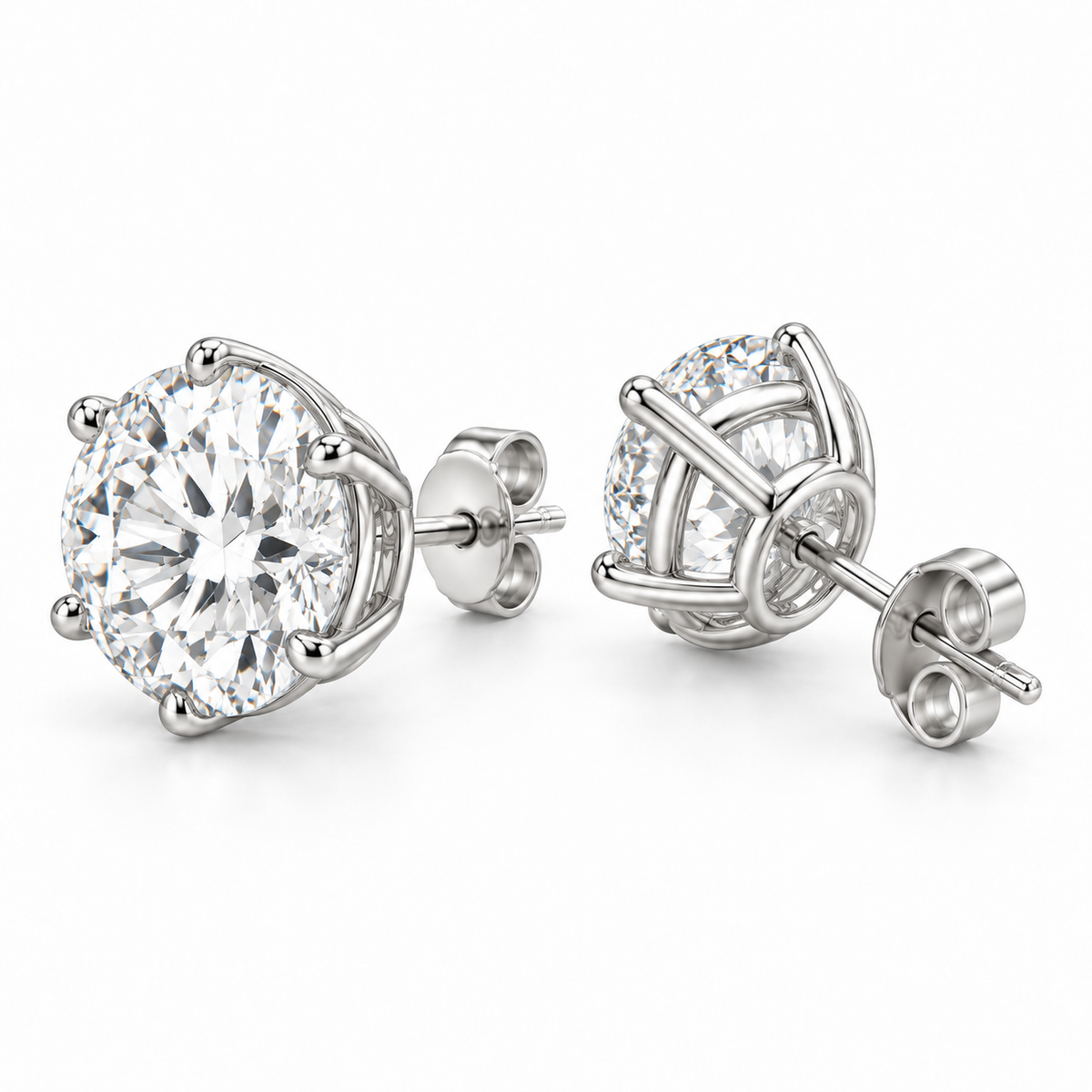 Men’s Six-Prong Lab Diamond Studs — 10 CTW Pair — 14K White Gold alternate angle — illustrative design rendering