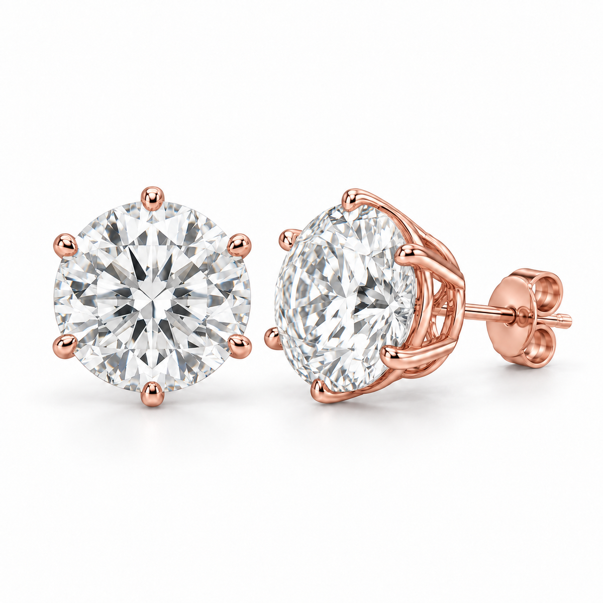 Men’s Six-Prong Lab Diamond Studs — 10 CTW Pair in 14K Rose Gold — original product render