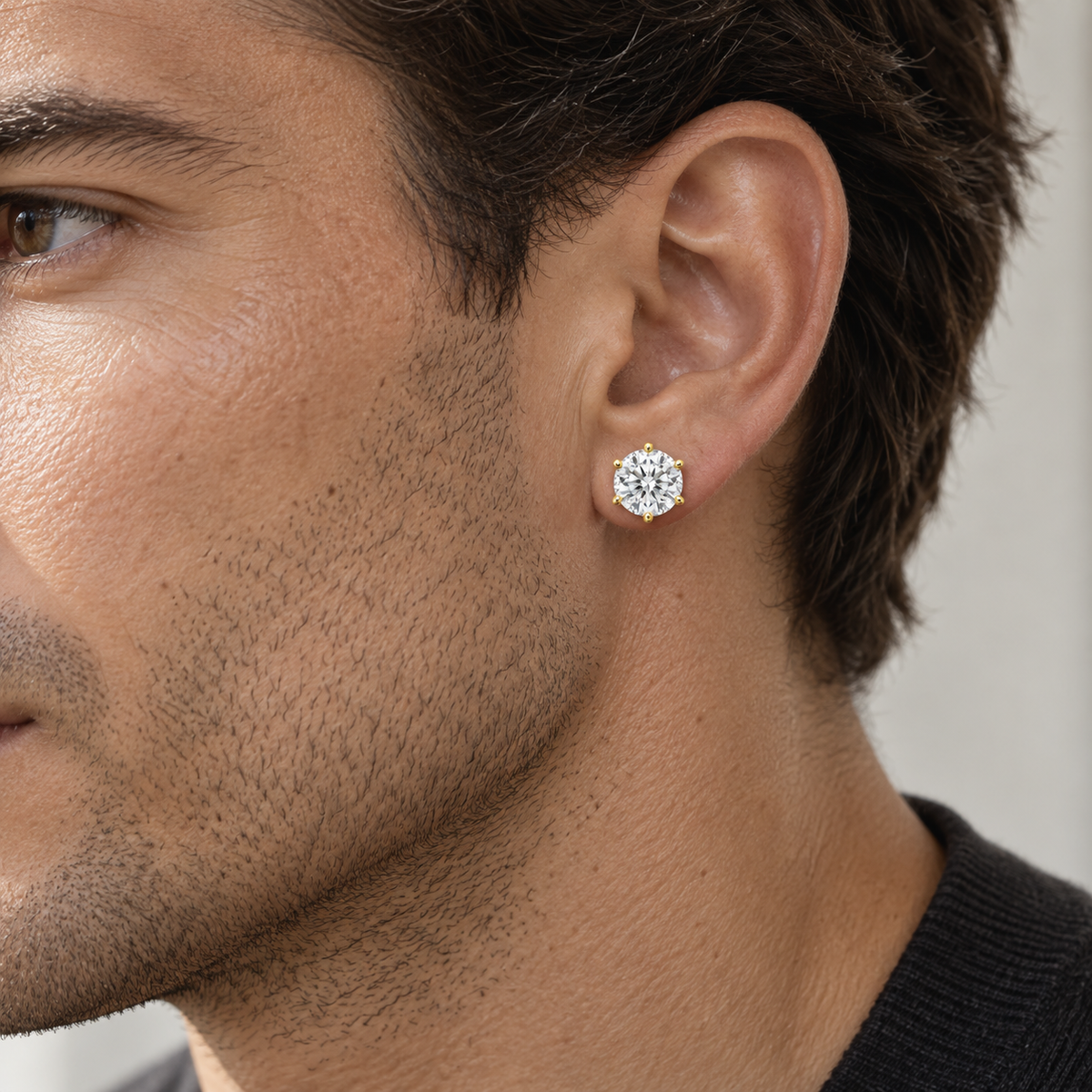 Men’s Six-Prong Lab Diamond Studs — 10 CTW Pair — 14K Yellow Gold worn view — illustrative design rendering