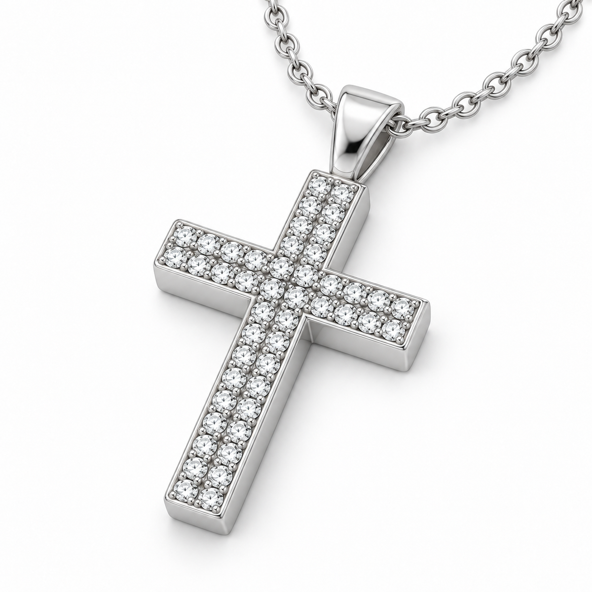 Men’s Double-Row Lab Diamond Cross Pendant — 1 CTW — 14K White Gold alternate angle — illustrative design rendering