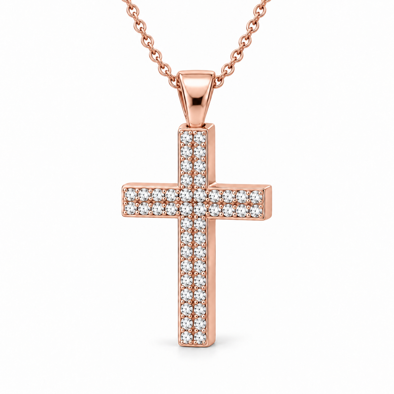 Men’s Double-Row Lab Diamond Cross Pendant — 1 CTW in 14K Rose Gold — original product render
