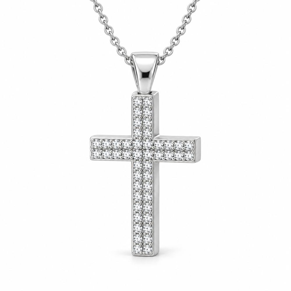Men’s Double-Row Lab Diamond Cross Pendant — 1 CTW in 14K white gold — illustrative design rendering