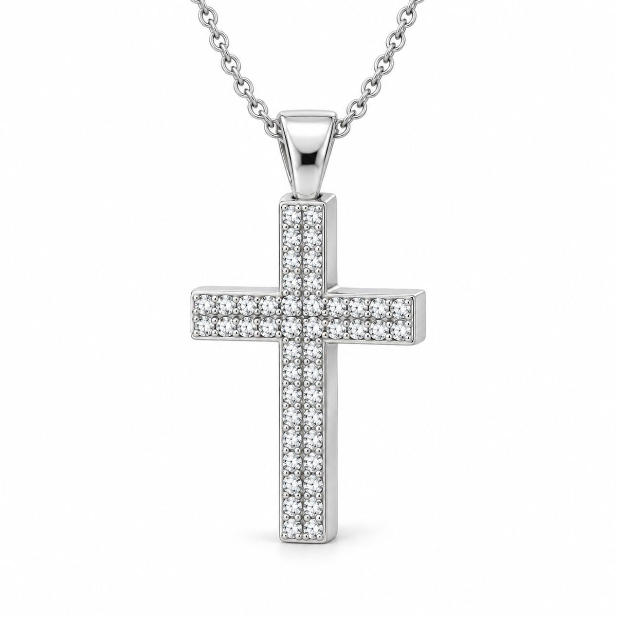 Men’s Double-Row Lab Diamond Cross Pendant — 1 CTW in 14K white gold — illustrative design rendering