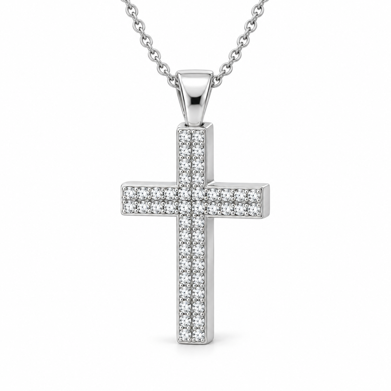 Men’s Double-Row Lab Diamond Cross Pendant — 1 CTW in 14K white gold — illustrative design rendering
