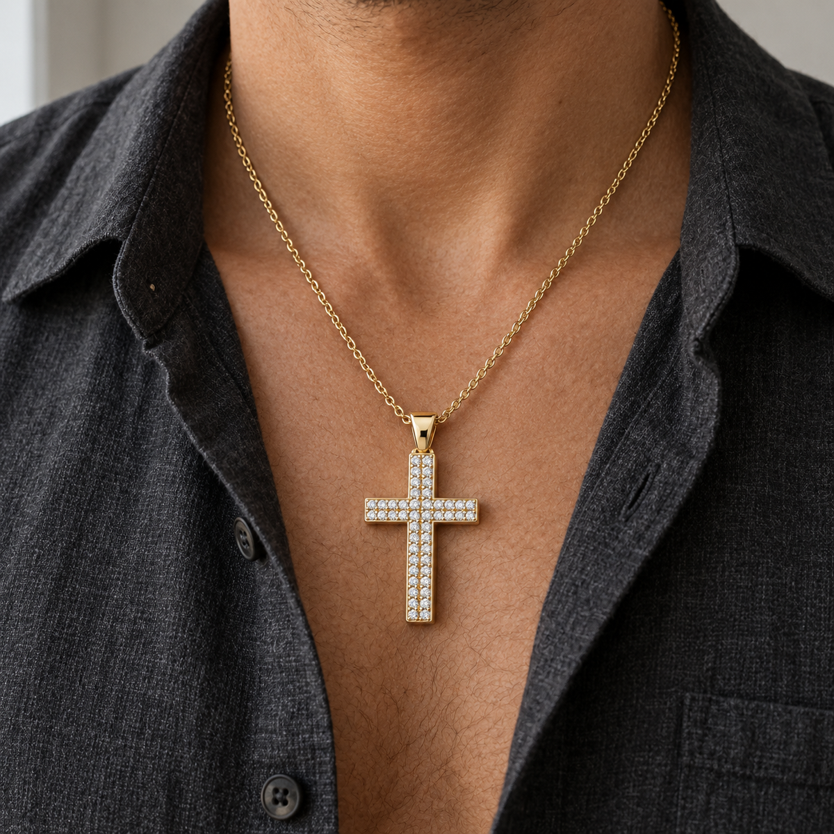 Men’s Double-Row Lab Diamond Cross Pendant — 1 CTW — 14K Yellow Gold worn view — illustrative design rendering
