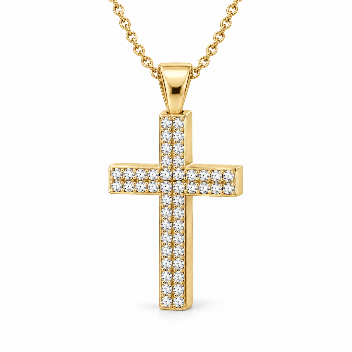 Men’s Double-Row Lab Diamond Cross Pendant — 1 CTW in 14K Yellow Gold — original product render