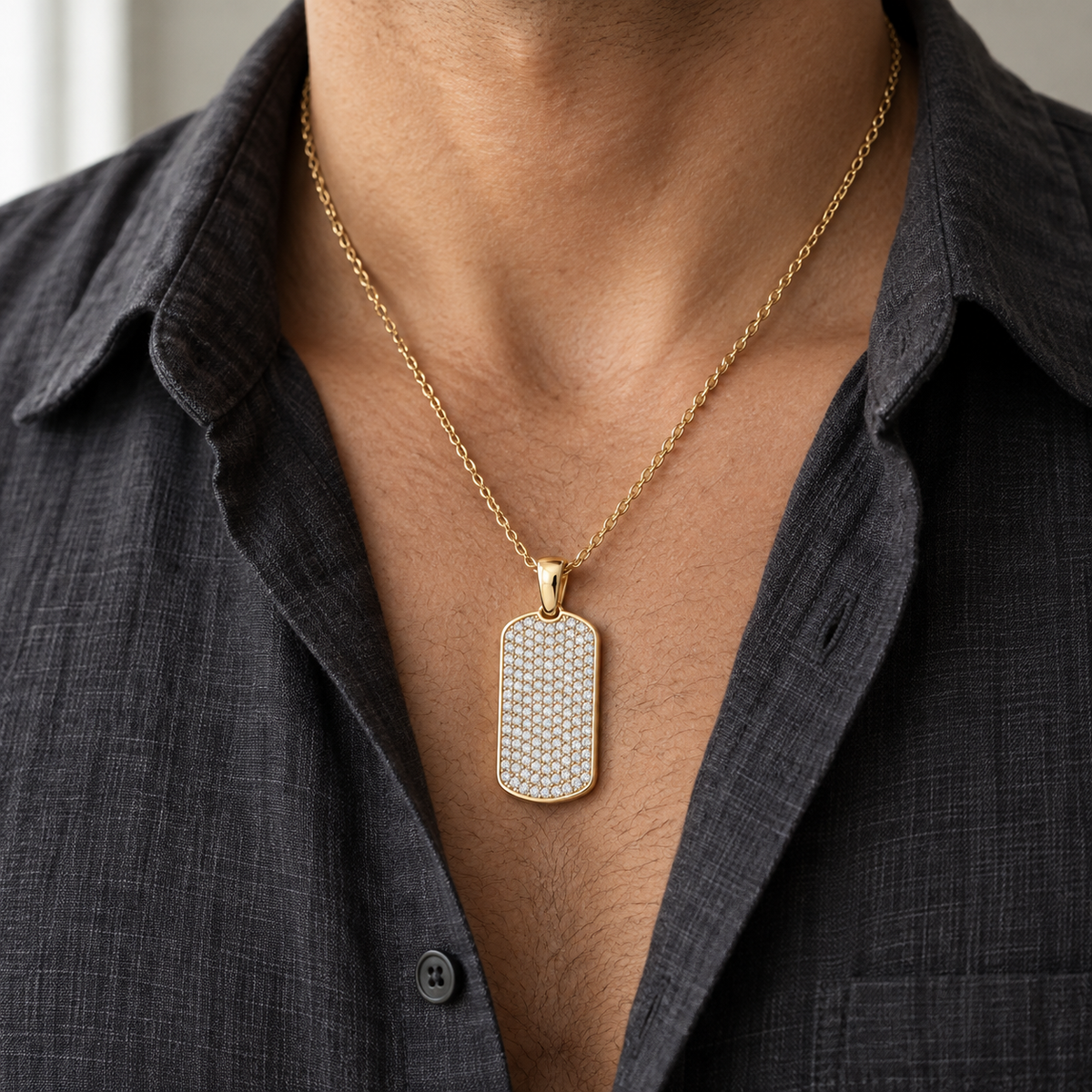 Men’s Pavé Lab Diamond Dog Tag Pendant — 1.50 CTW — 14K Yellow Gold worn view — illustrative design rendering
