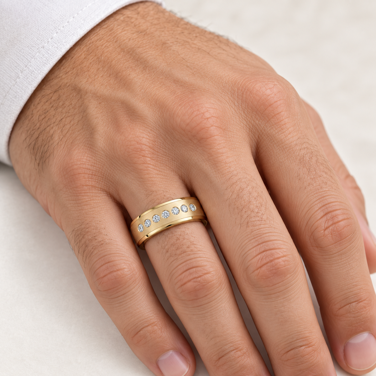 Men’s Satin Seven-Stone Lab Diamond Band — 0.50 CTW in 14K yellow gold worn on a man's hand — AI-generated illustrative design rendering