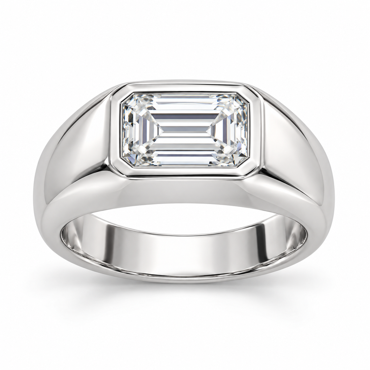 Men’s East-West Emerald Bezel Lab Diamond Signet — 2 CT in 14K White Gold — illustrative design rendering