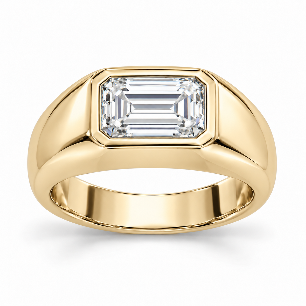 Men’s East-West Emerald Bezel Lab Diamond Signet — 2 CT in 14K Yellow Gold — illustrative design rendering