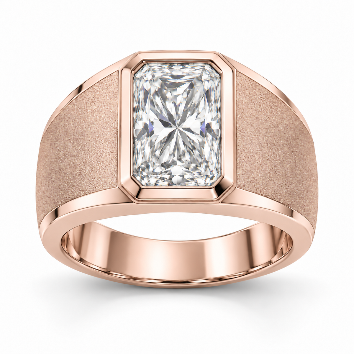 Men’s Radiant Sandblast Bezel Lab Diamond Ring — 3 CT in 14K Rose Gold — illustrative design rendering
