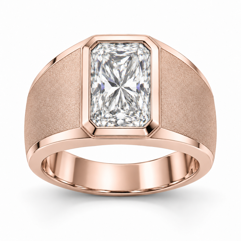 Men’s Radiant Sandblast Bezel Lab Diamond Ring — 3 CT in 14K Rose Gold — illustrative design rendering