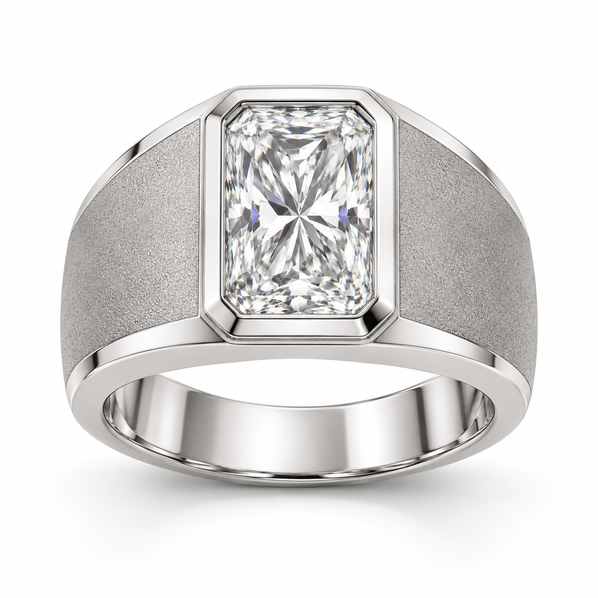 Men’s Radiant Sandblast Bezel Lab Diamond Ring — 3 CT in 14K White Gold — illustrative design rendering