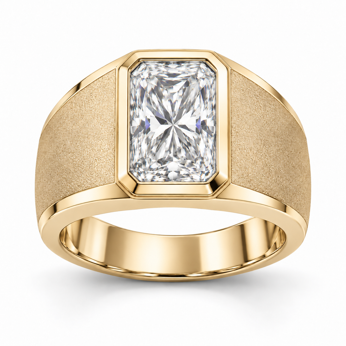Men’s Radiant Sandblast Bezel Lab Diamond Ring — 3 CT in 14K Yellow Gold — illustrative design rendering