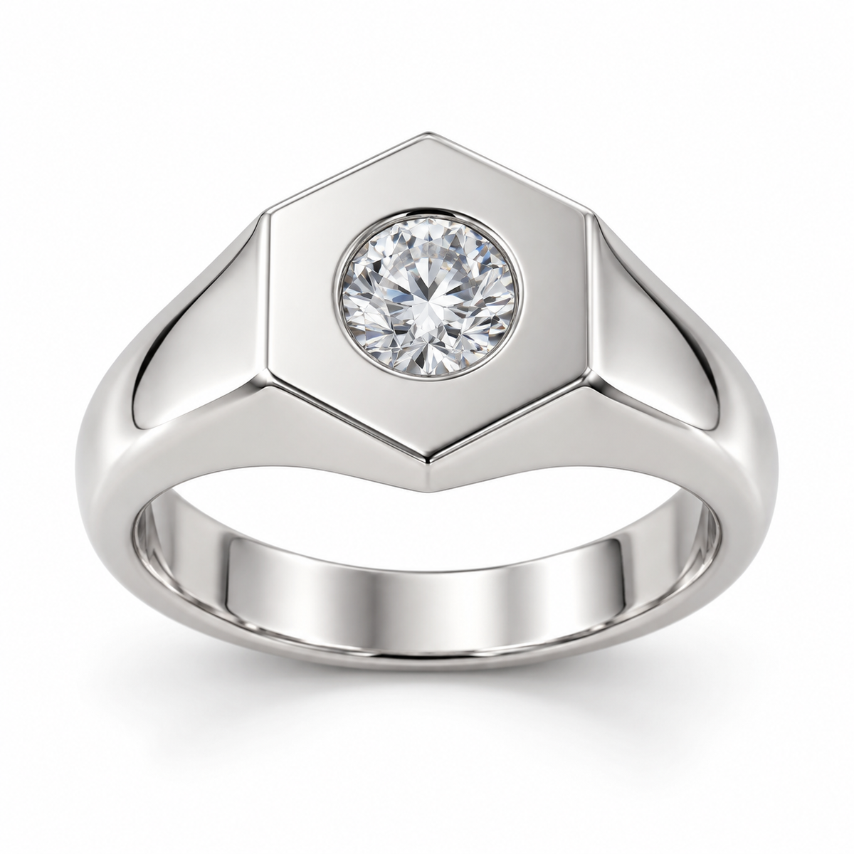 Men’s Hexagon Round Bezel Lab Diamond Signet — 0.50 CT in 14K White Gold — illustrative design rendering