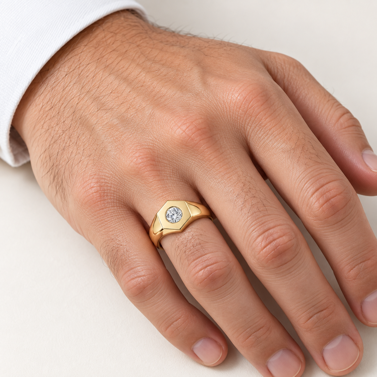 Men’s Hexagon Round Bezel Lab Diamond Signet — 0.50 CT in 14K yellow gold worn on a man's hand — AI-generated illustrative design rendering