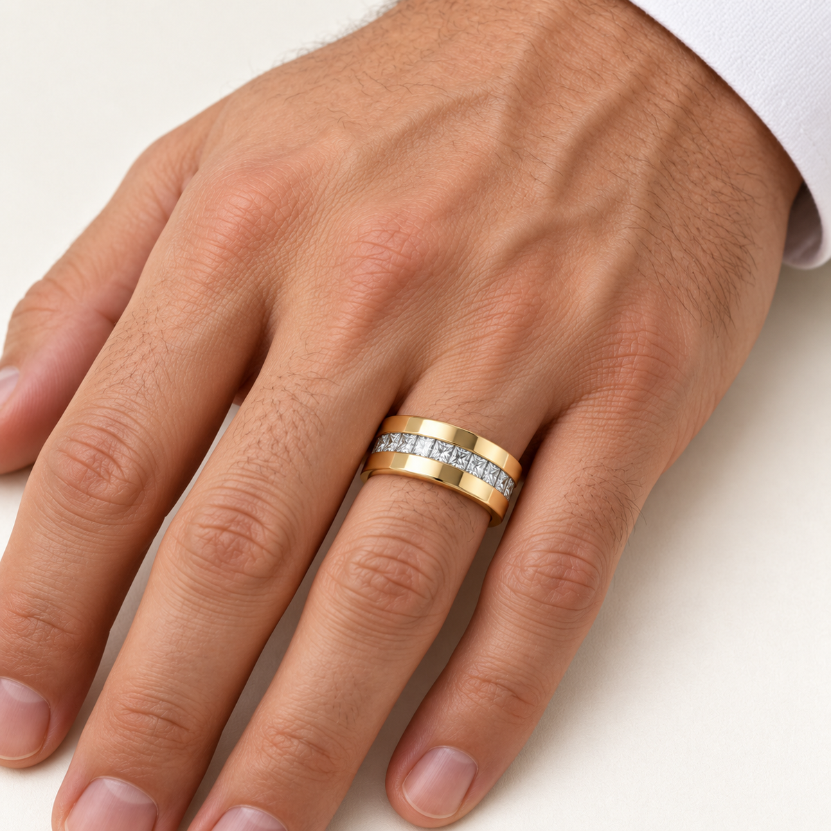 Men’s Princess Channel Cigar Lab Diamond Band — 1.50 CTW in 14K yellow gold worn on a man's hand — AI-generated illustrative design rendering