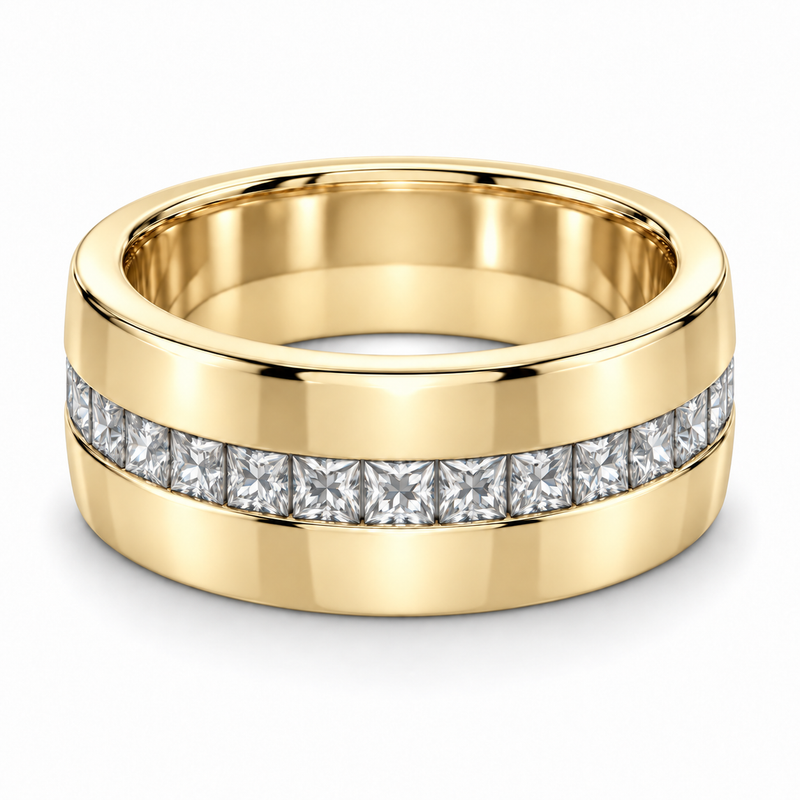 Men’s Princess Channel Cigar Lab Diamond Band — 1.50 CTW in 14K Yellow Gold — illustrative design rendering