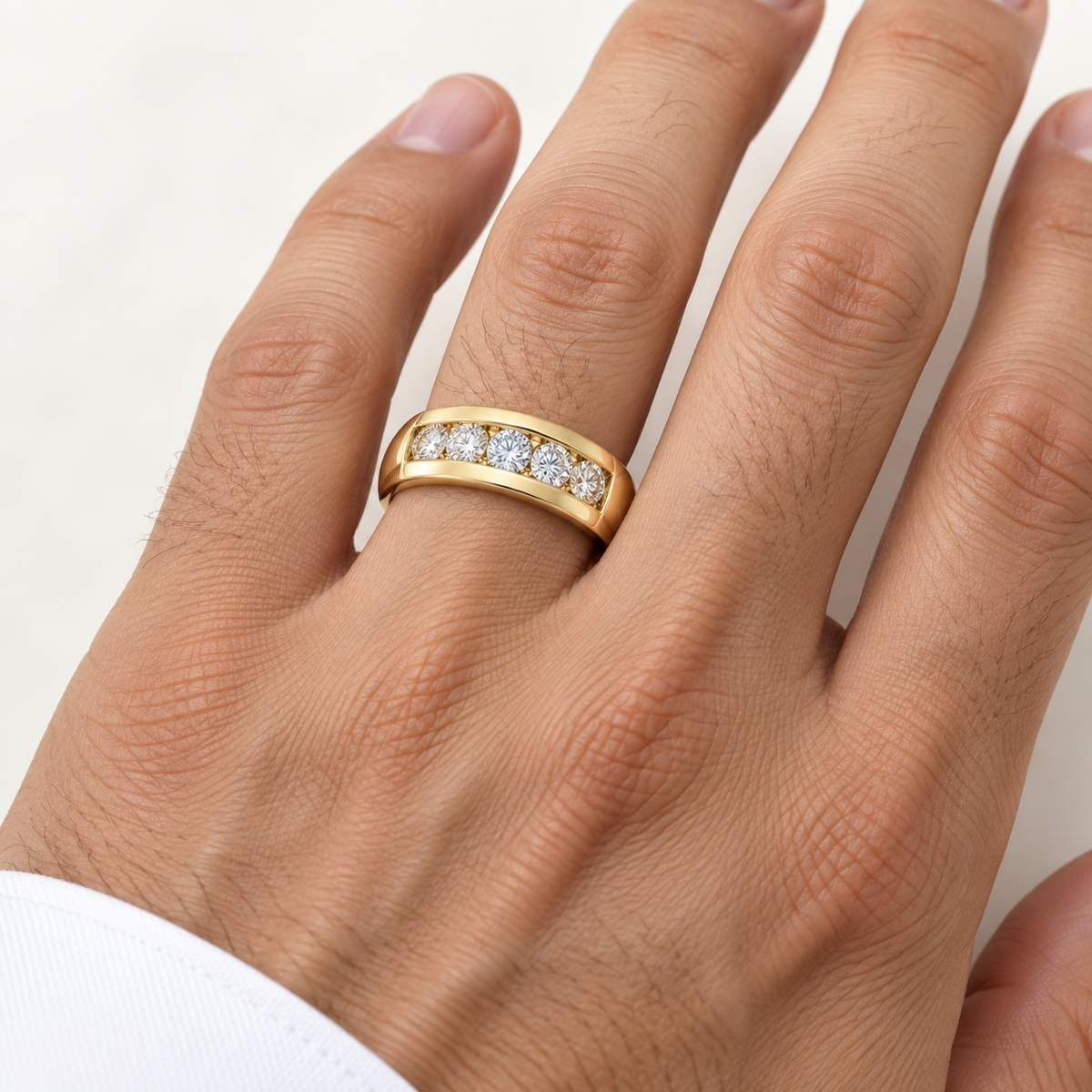 Men’s Crest Five-Stone Lab Diamond Band — 2 CTW in 14K yellow gold worn on a man's hand — AI-generated illustrative design rendering
