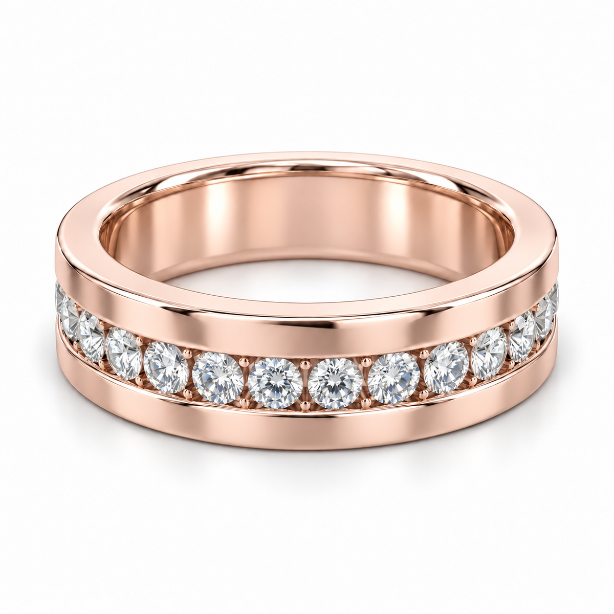 Men’s Horizon Round Channel Lab Diamond Eternity Band — 2 CTW in 14K Rose Gold — illustrative design rendering