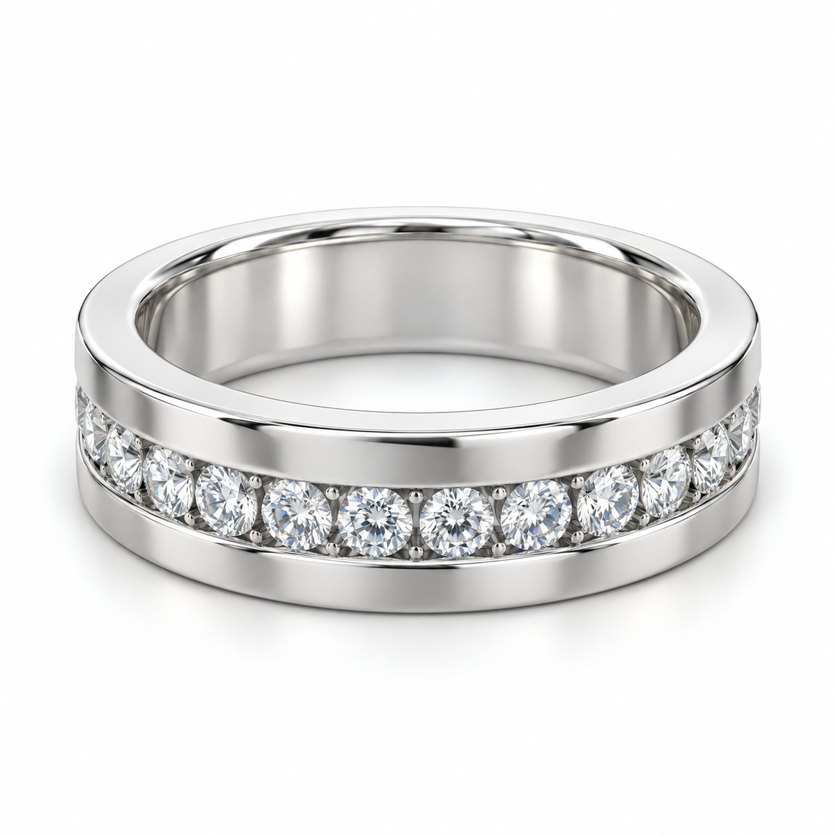 Men’s Horizon Round Channel Lab Diamond Eternity Band — 2 CTW in 14K White Gold — illustrative design rendering