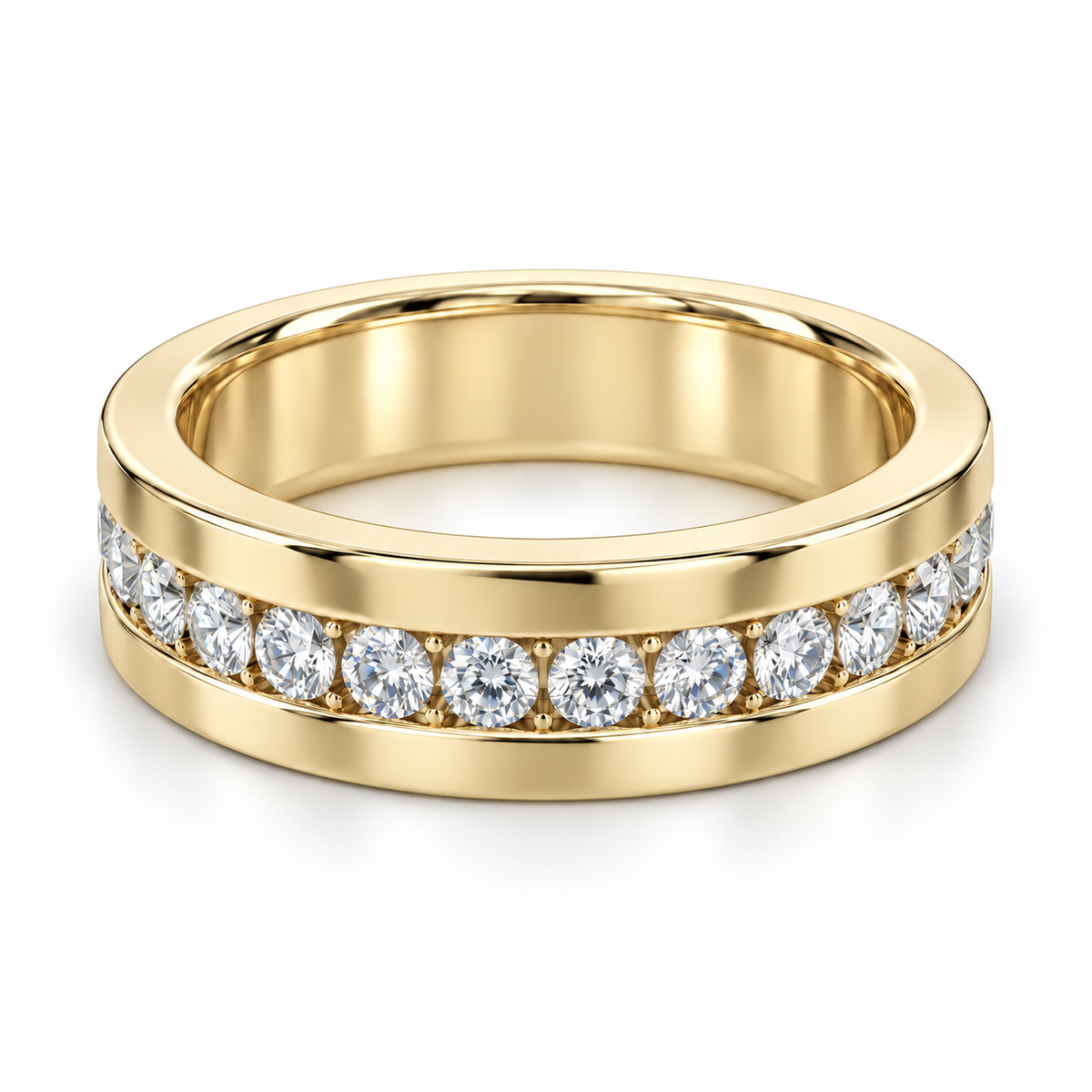 Men’s Horizon Round Channel Lab Diamond Eternity Band — 2 CTW in 14K Yellow Gold — illustrative design rendering
