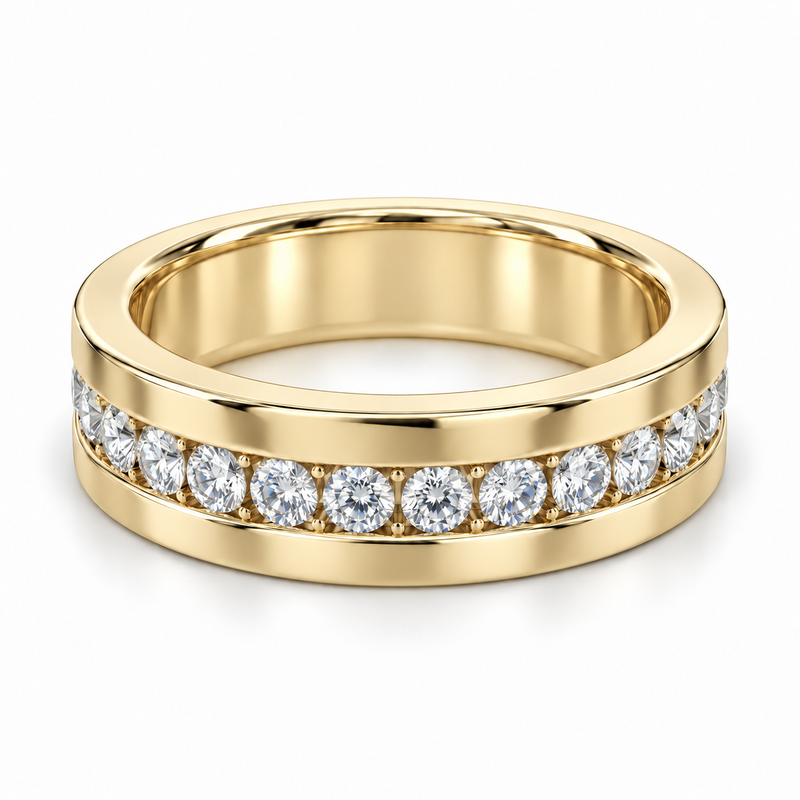 Men’s Horizon Round Channel Lab Diamond Eternity Band — 2 CTW in 14K Yellow Gold — illustrative design rendering