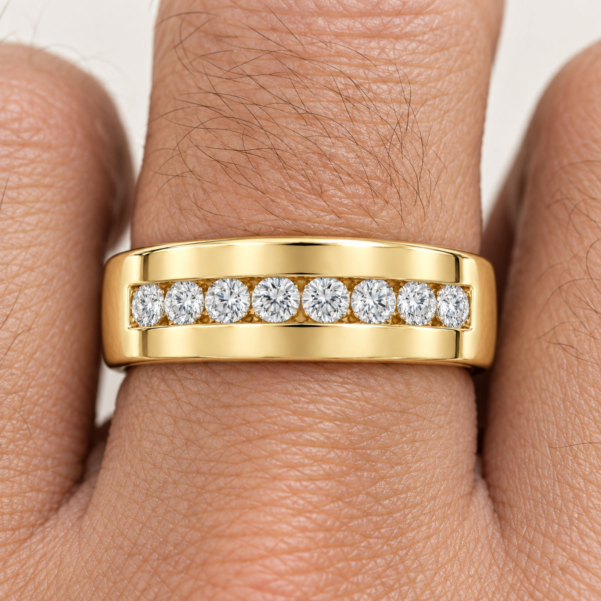 Men’s Summit Eight-Stone Lab Diamond Band — 1 CTW in 14K yellow gold worn on a man's hand — AI-generated illustrative design rendering