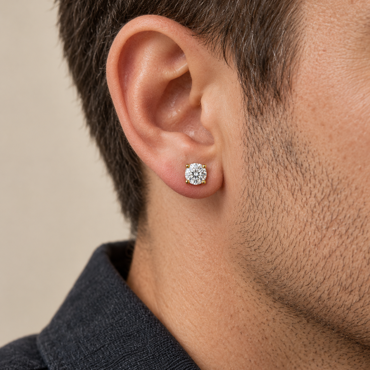 Men’s Round Solitaire Lab Diamond Studs — 1.50 CTW Pair — worn lifestyle view — illustrative rendering