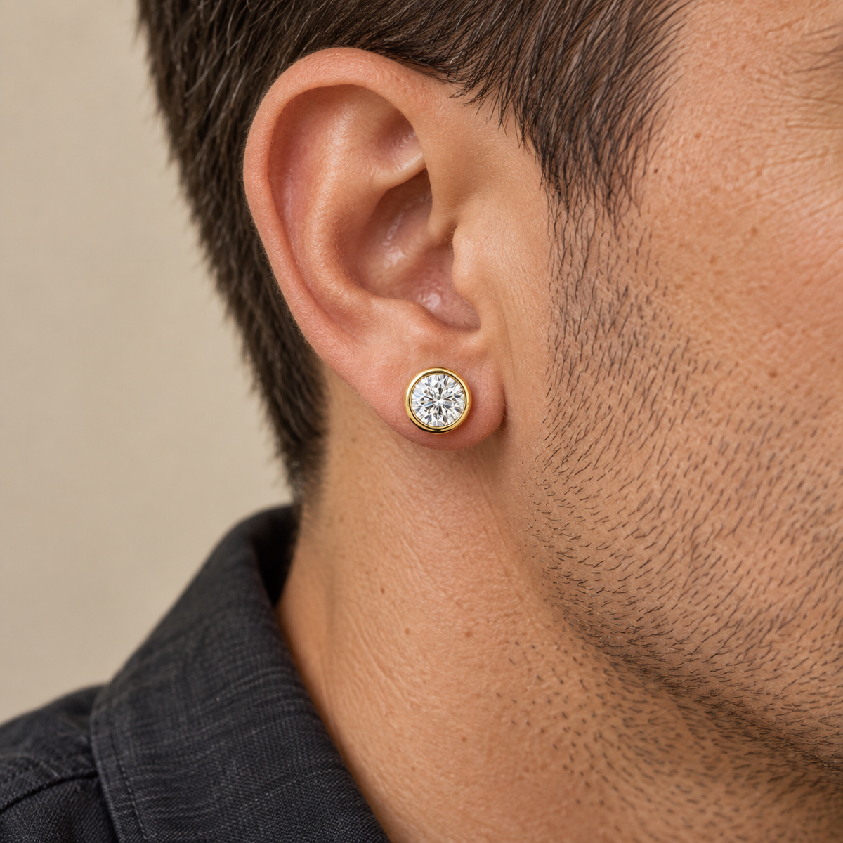 Men’s Bezel Set Lab Diamond Studs — 3 CTW Pair — worn lifestyle view — illustrative rendering