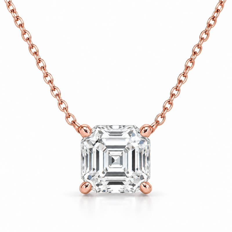 Asscher Solitaire Lab Diamond Pendant Necklace in 14K rose gold — illustrative design rendering